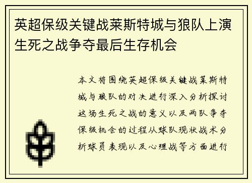 英超保级关键战莱斯特城与狼队上演生死之战争夺最后生存机会 英超保级关键战莱斯特城与狼队上演生死之战争夺最后生存机会